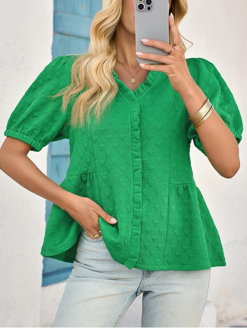 NWT Peplum Puff Sleeve Tops Dressy Casual Textured Blouses V Neck Ruffle Medium - Picture 5 of 10